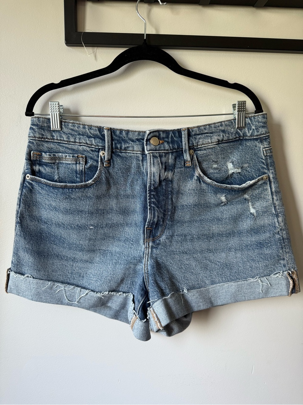 Good American Light Blue Distressed Rolled Hem Denim Shorts